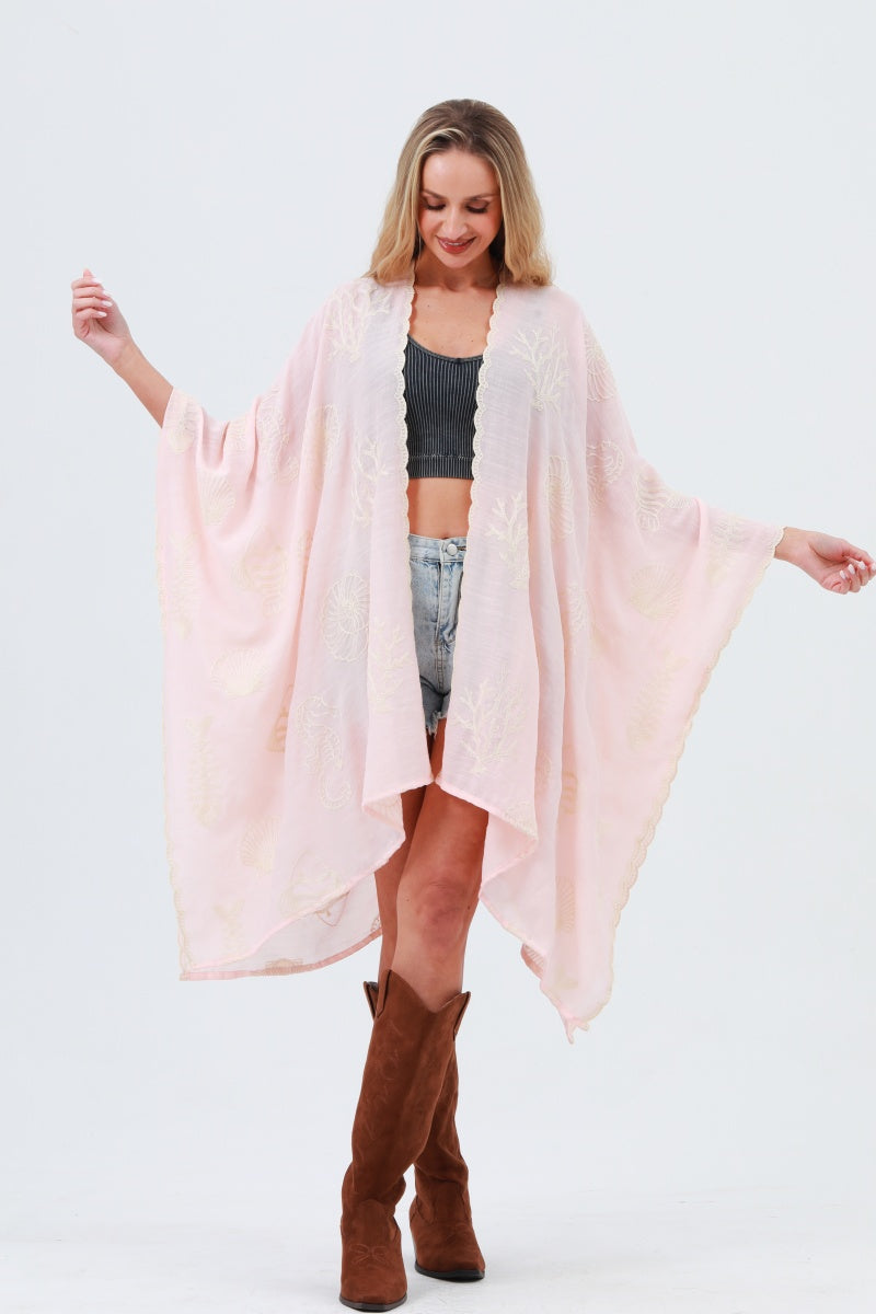 Seahorse Coral Seashell Embroidered Kimono – Ocean Breeze Cover-Up 🌊🐚 - NeoKira Unlimited