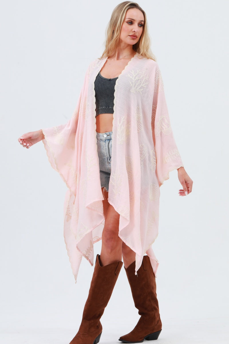 Seahorse Coral Seashell Embroidered Kimono – Ocean Breeze Cover-Up 🌊🐚 - NeoKira Unlimited