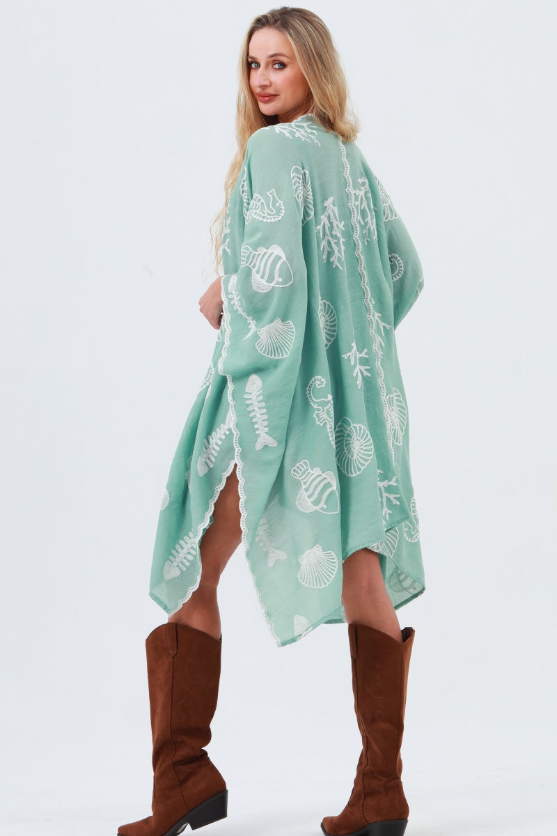 Seahorse Coral Seashell Embroidered Kimono – Ocean Breeze Cover-Up 🌊🐚 - NeoKira Unlimited