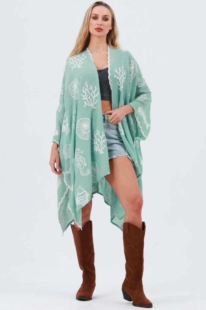 Seahorse Coral Seashell Embroidered Kimono – Ocean Breeze Cover-Up 🌊🐚 - NeoKira Unlimited