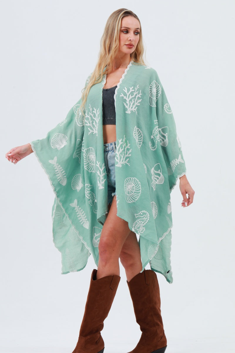 Seahorse Coral Seashell Embroidered Kimono – Ocean Breeze Cover-Up 🌊🐚 - NeoKira Unlimited