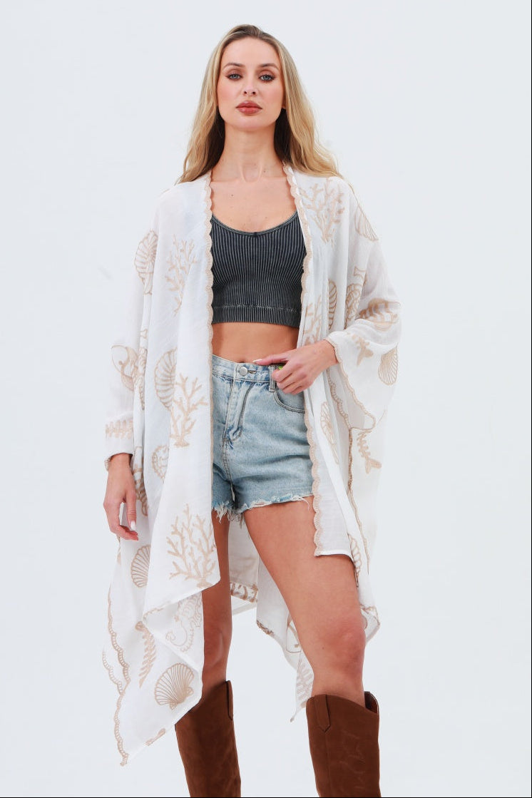 Seahorse Coral Seashell Embroidered Kimono – Ocean Breeze Cover-Up 🌊🐚 - NeoKira Unlimited