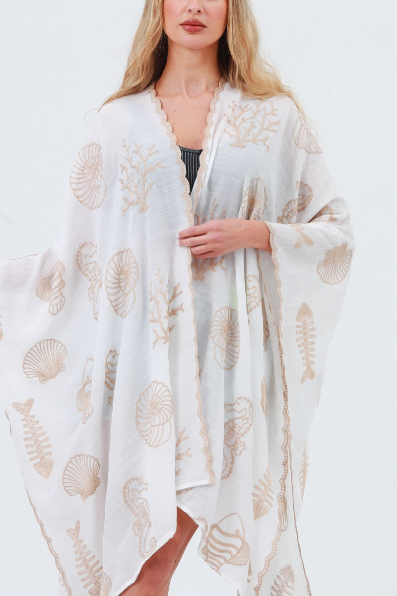 Seahorse Coral Seashell Embroidered Kimono – Ocean Breeze Cover-Up 🌊🐚 - NeoKira Unlimited