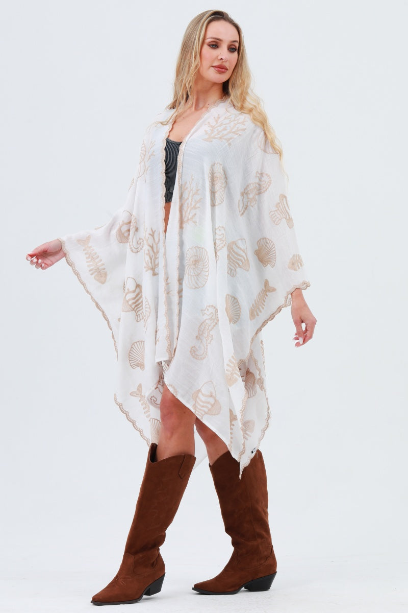 Seahorse Coral Seashell Embroidered Kimono – Ocean Breeze Cover-Up 🌊🐚 - NeoKira Unlimited