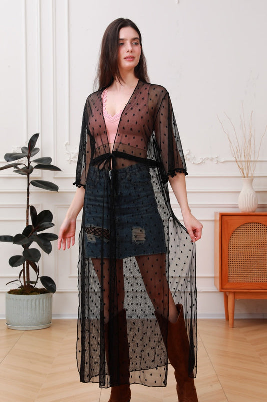 Boho Dream: Polka Dot Mesh Kimono Duster - NeoKira Unlimited