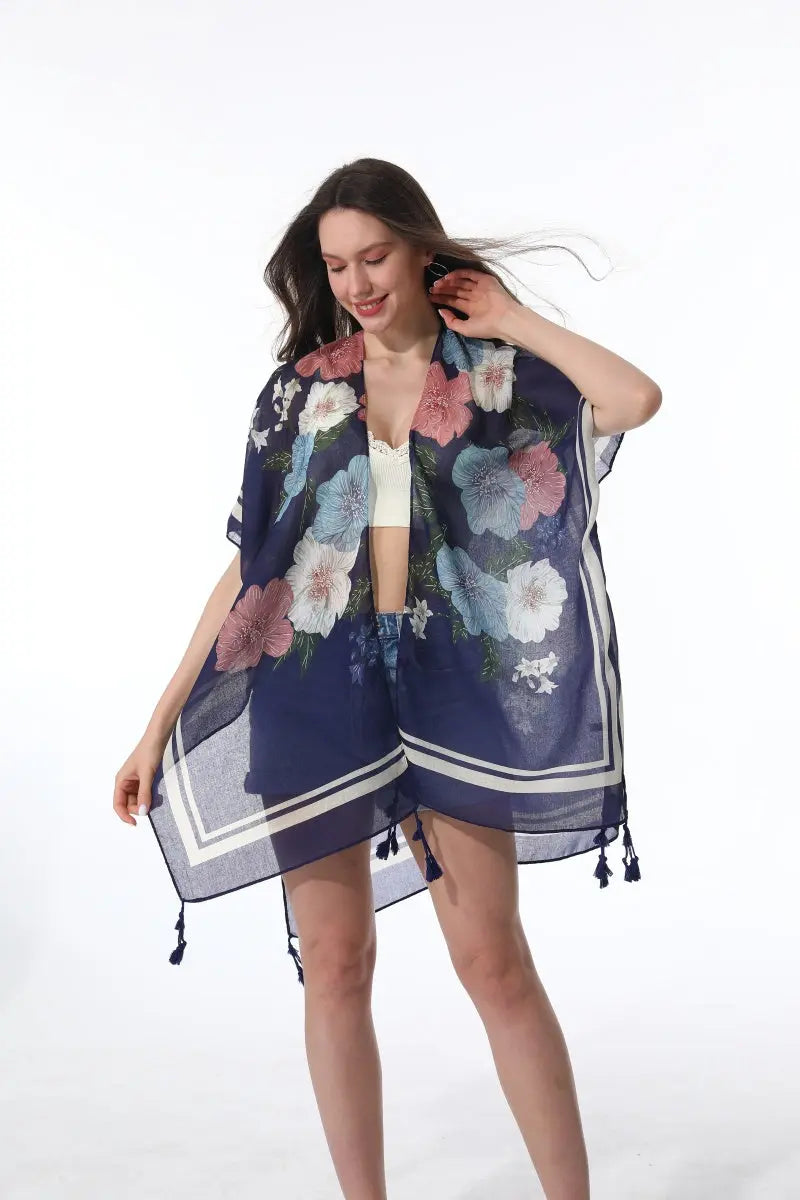 Floral Print Tassel Kimono Beach Cover Up Shawl Cardigan - NeoKira Unlimited
