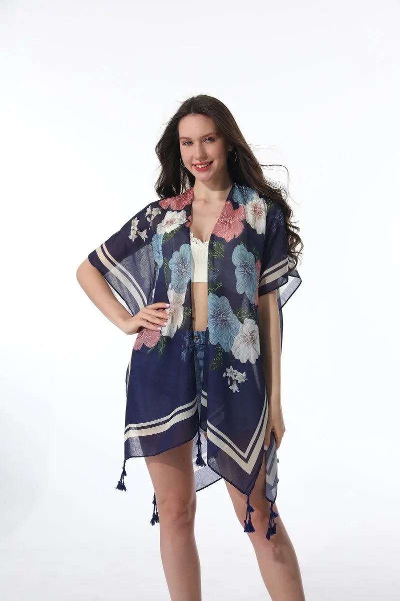 Floral Print Tassel Kimono Beach Cover Up Shawl Cardigan 🌸🌊 - NeoKira Unlimited