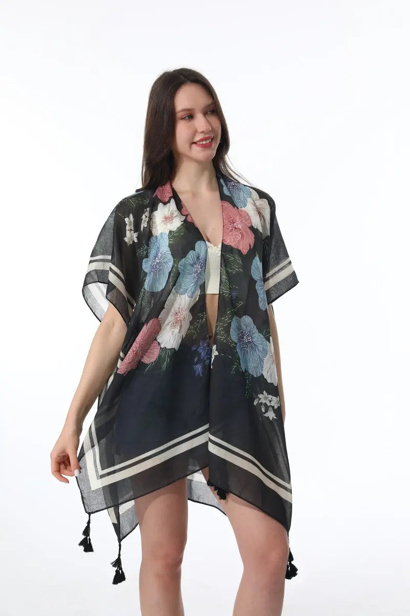 Floral Print Tassel Kimono Beach Cover Up Shawl Cardigan - NeoKira Unlimited