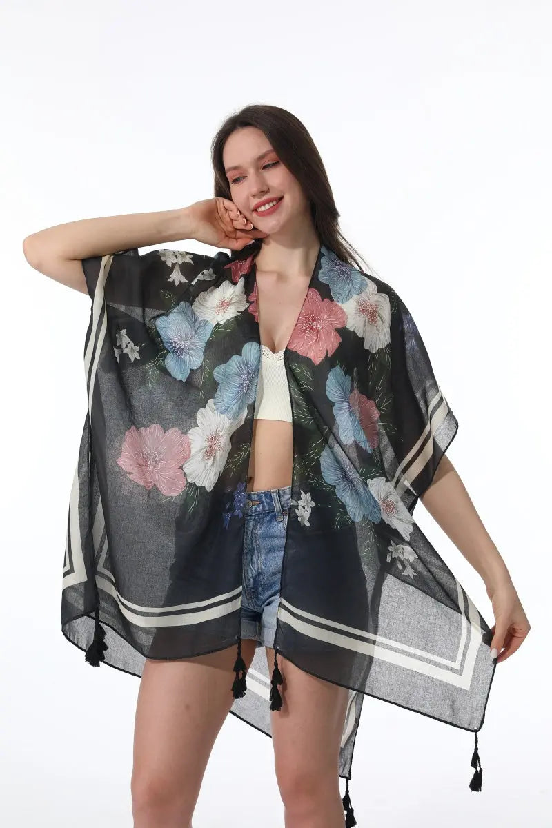 Floral Print Tassel Kimono Beach Cover Up Shawl Cardigan 🌸🌊 - NeoKira Unlimited