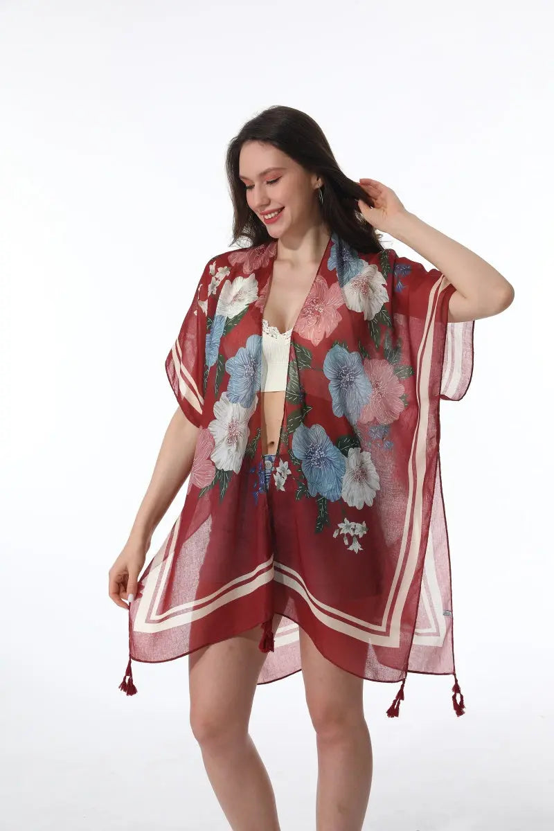 Floral Print Tassel Kimono Beach Cover Up Shawl Cardigan - NeoKira Unlimited