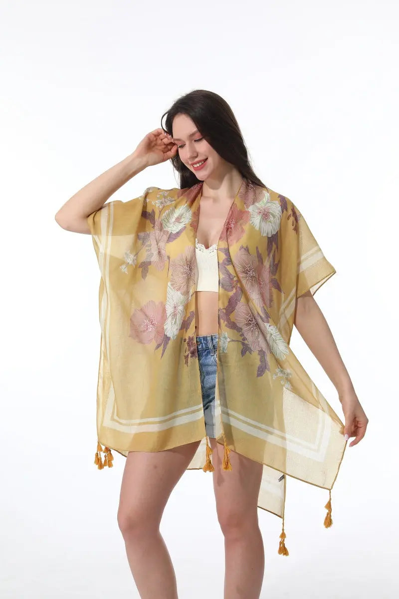Floral Print Tassel Kimono Beach Cover Up Shawl Cardigan 🌸🌊 - NeoKira Unlimited