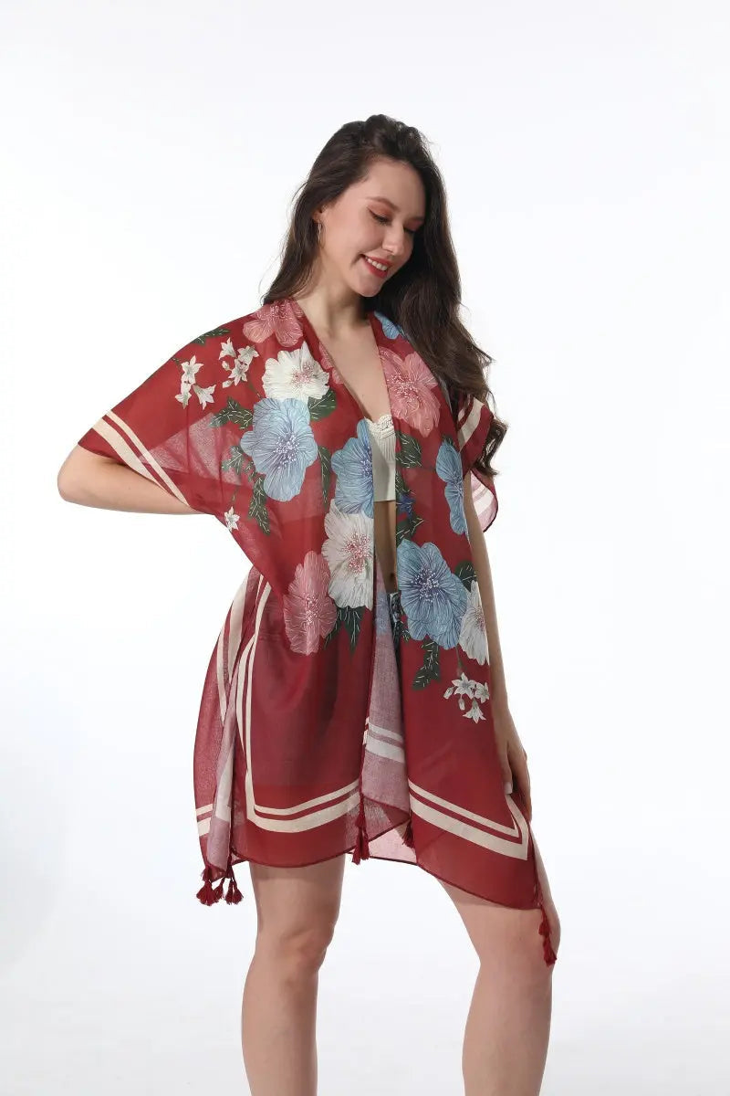 Floral Print Tassel Kimono Beach Cover Up Shawl Cardigan 🌸🌊 - NeoKira Unlimited