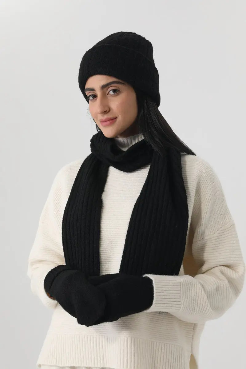 Women Ribbed Knit 3Pcs Winter Hat Scarf Mitten Gloves Set ❄️🧶 - NeoKira Unlimited