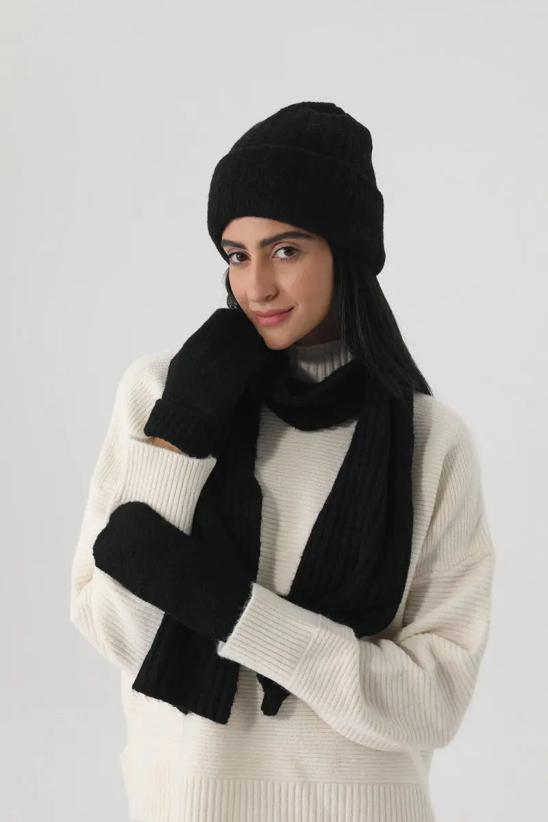 Women Ribbed Knit 3Pcs Winter Hat Scarf Mitten Gloves Set ❄️🧶 - NeoKira Unlimited