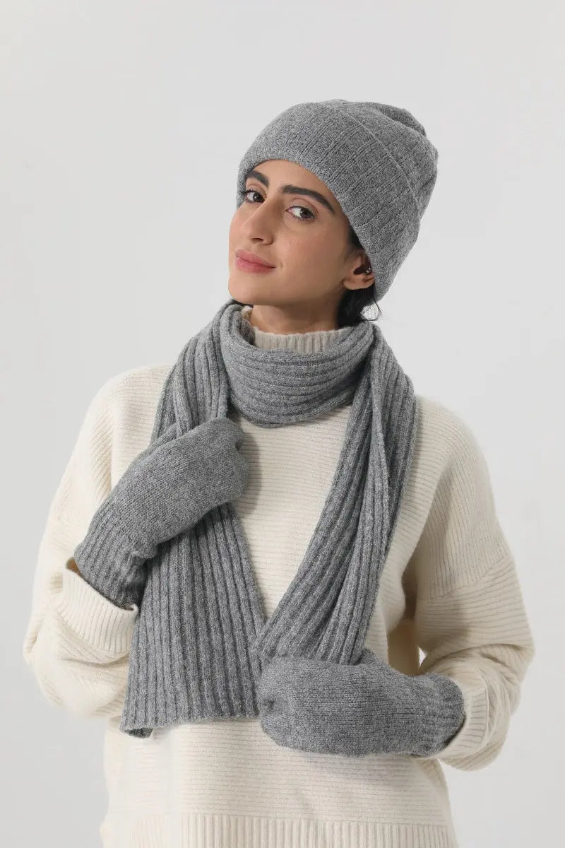 Women Ribbed Knit 3Pcs Winter Hat Scarf Mitten Gloves Set ❄️🧶 - NeoKira Unlimited