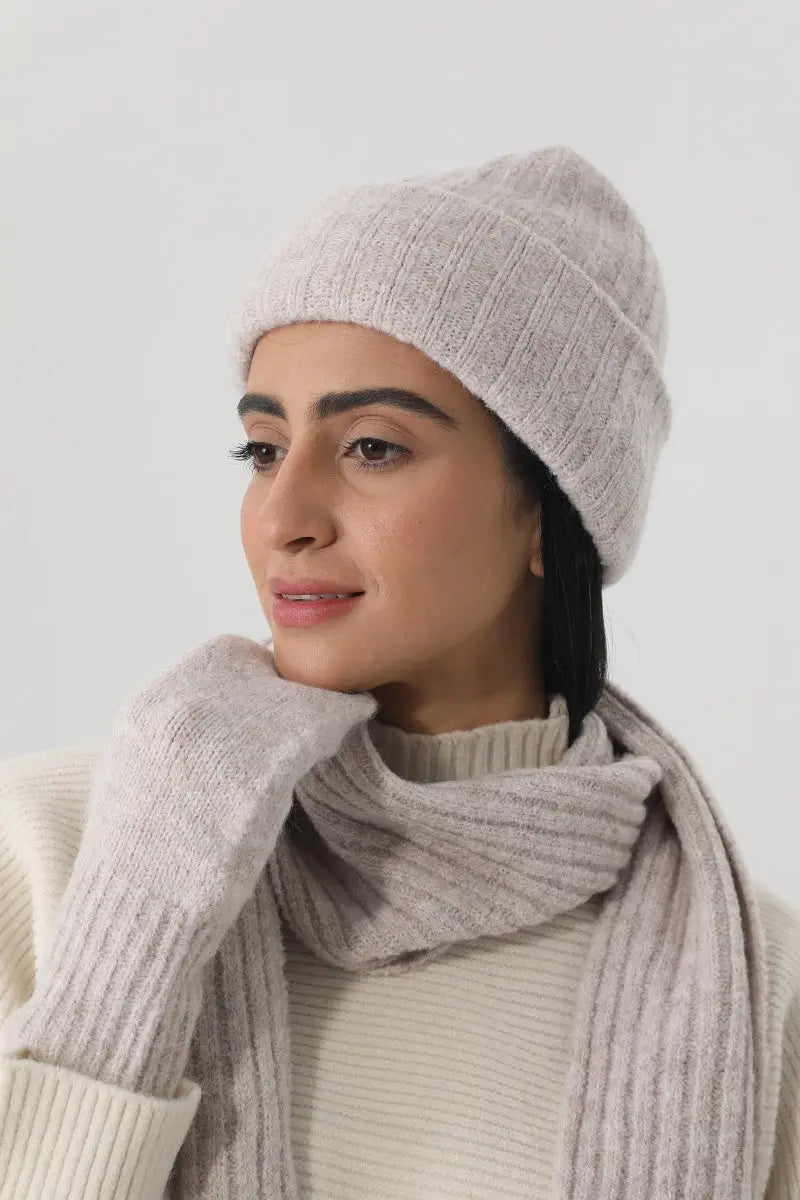 Women Ribbed Knit 3Pcs Winter Hat Scarf Mitten Gloves Set ❄️🧶 - NeoKira Unlimited