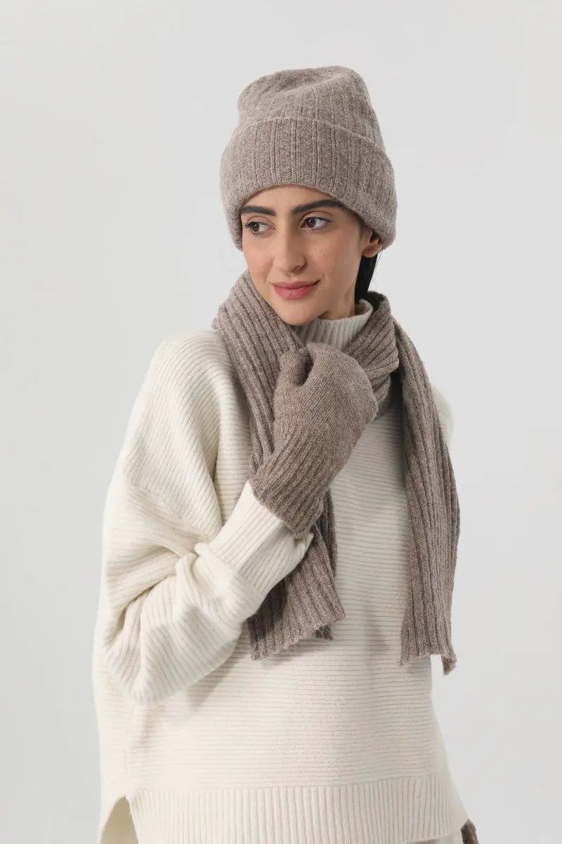 Women Ribbed Knit 3Pcs Winter Hat Scarf Mitten Gloves Set ❄️🧶 - NeoKira Unlimited