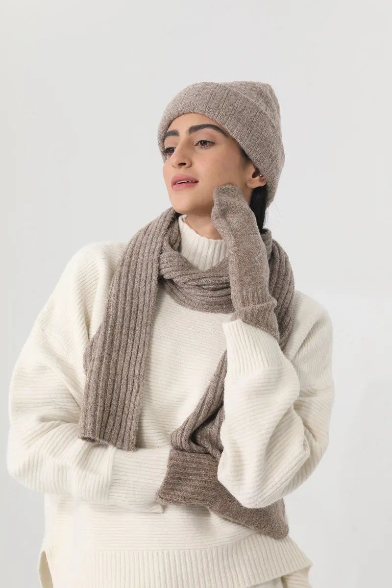 Women Ribbed Knit 3Pcs Winter Hat Scarf Mitten Gloves Set ❄️🧶 - NeoKira Unlimited