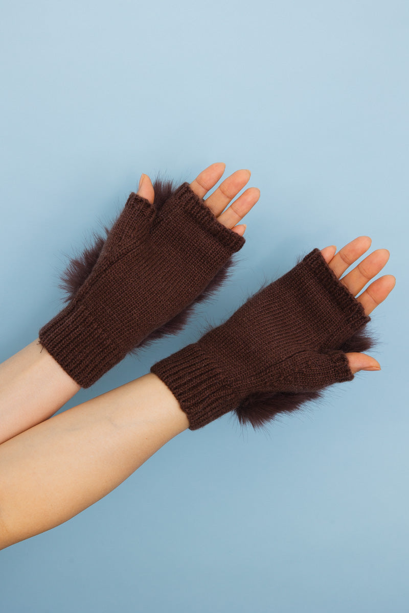 Faux Fur Trim Fingerless Knit Mittens - NeoKira Unlimited