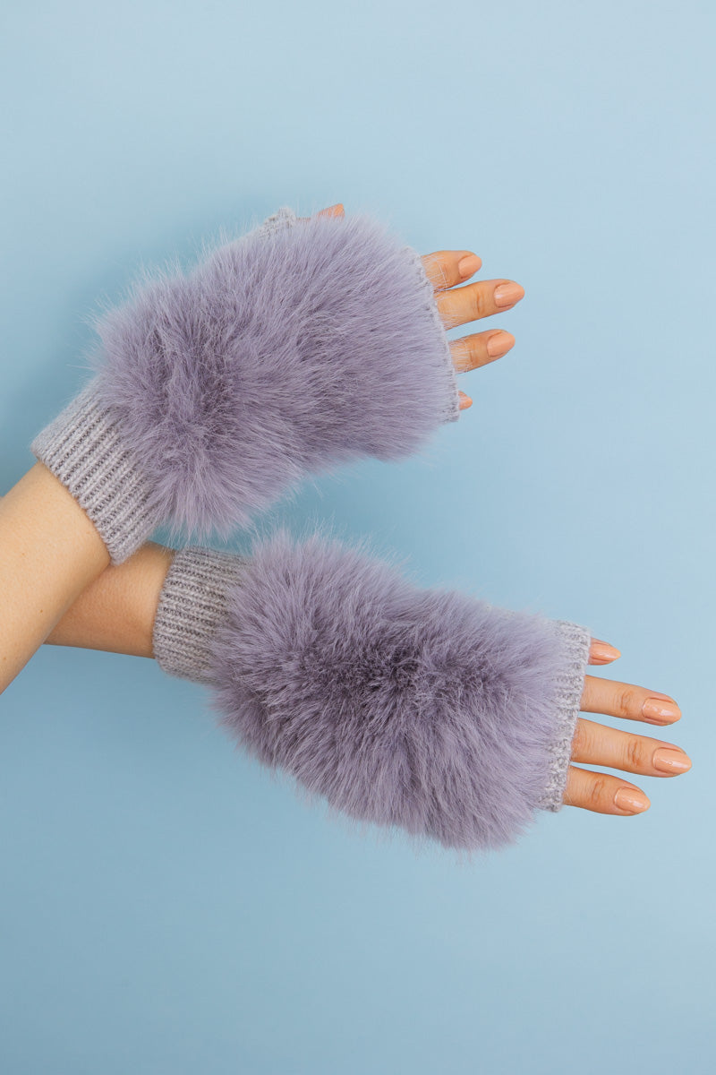 Faux Fur Trim Fingerless Knit Mittens - NeoKira Unlimited