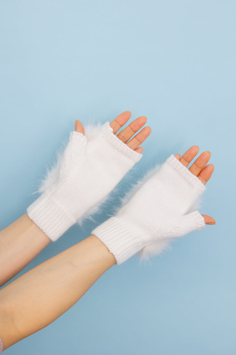 Faux Fur Trim Fingerless Knit Mittens - NeoKira Unlimited