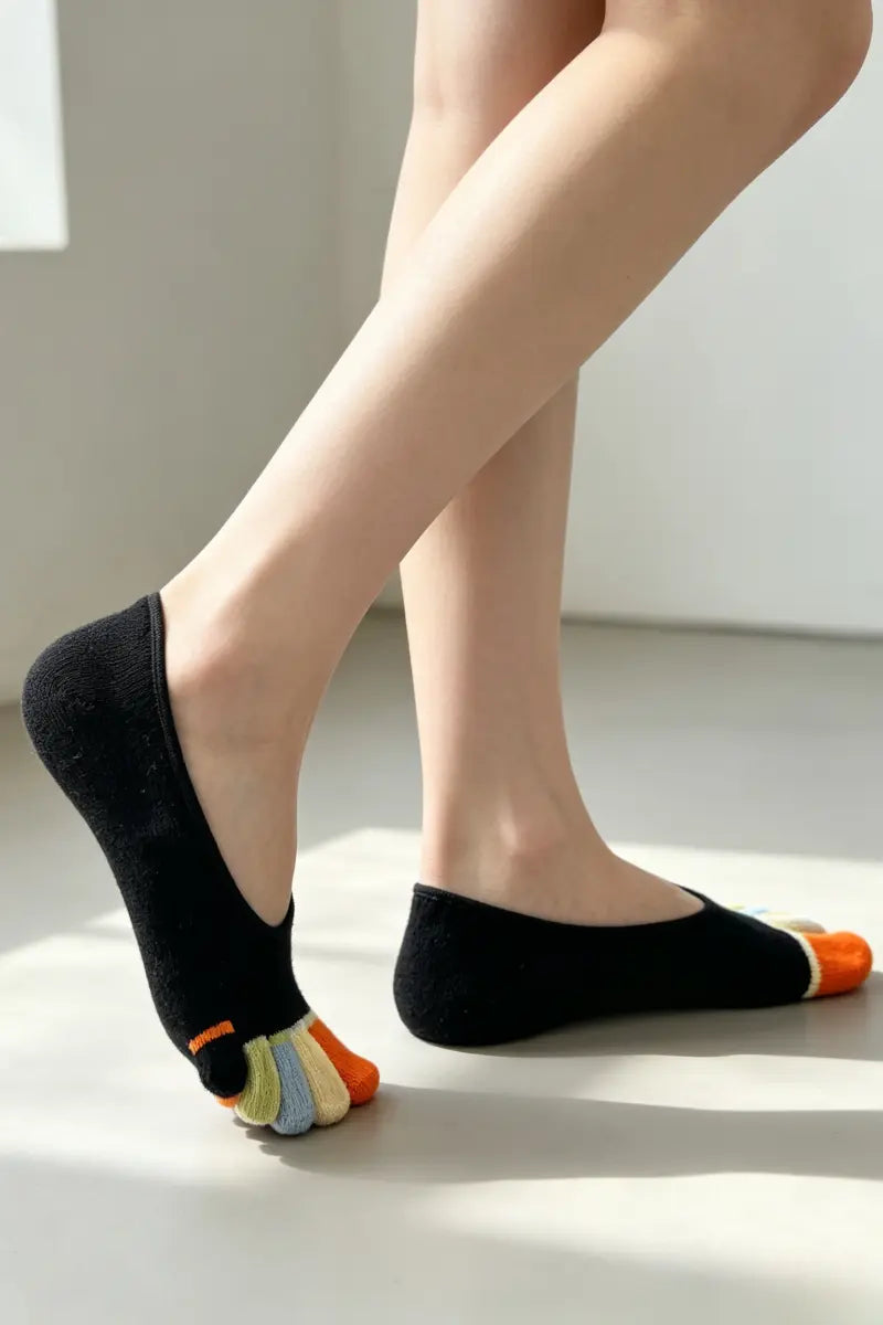 Women Color Block Five Toe Cotton Invisible Anti Slip Socks 🧦🎨 - NeoKira Unlimited
