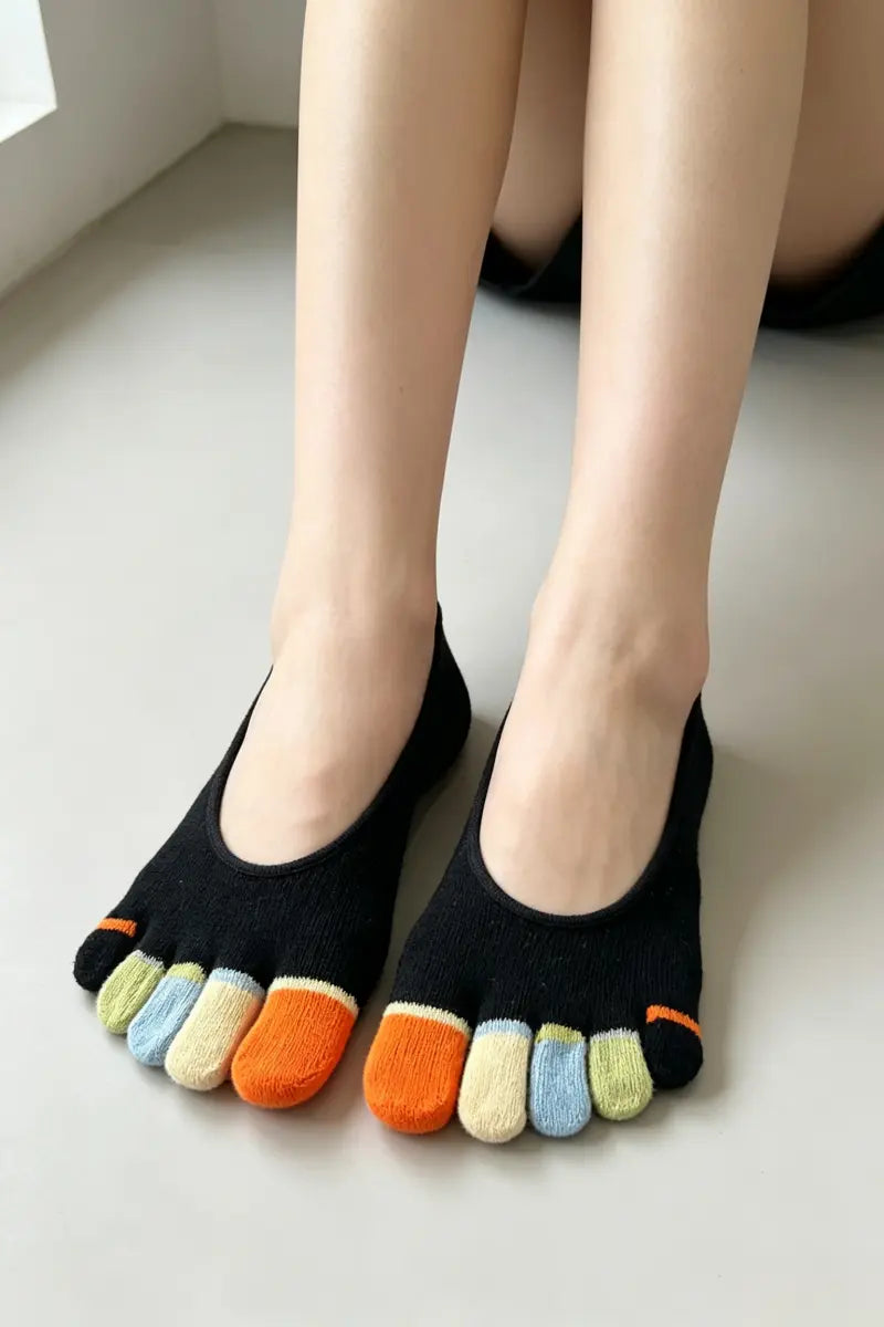 Women Color Block Five Toe Cotton Invisible Anti Slip Socks 🧦🎨 - NeoKira Unlimited