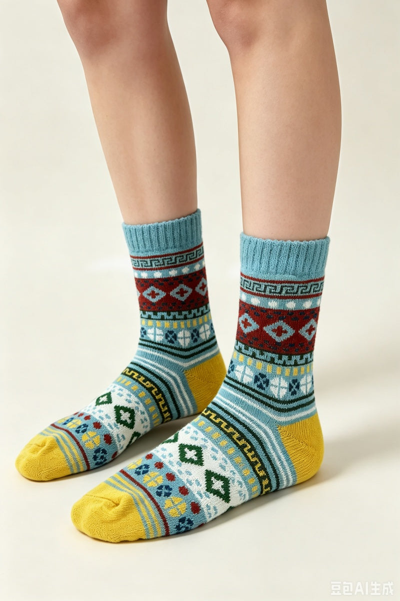 Retro Fair Isle Geometric Knit Crew Winter Socks For Women - NeoKira Unlimited