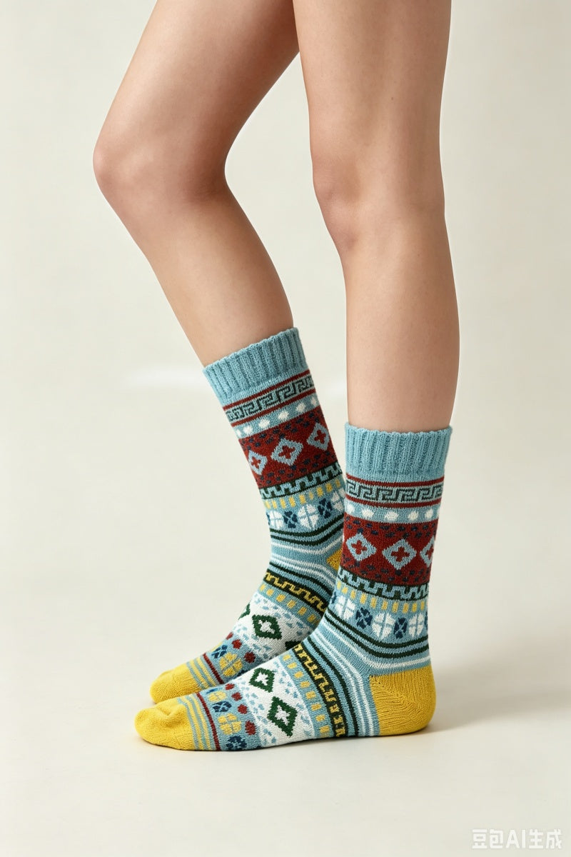 Retro Fair Isle Geometric Knit Crew Winter Socks For Women - NeoKira Unlimited