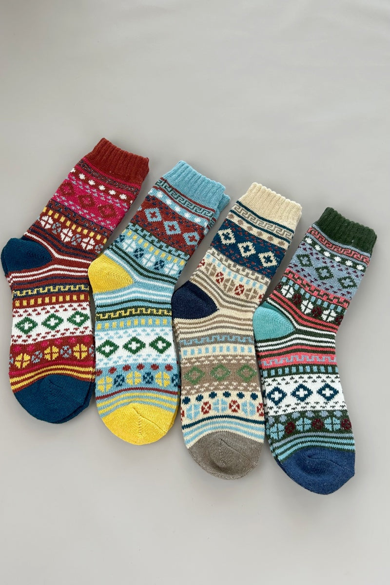 Retro Fair Isle Geometric Knit Crew Winter Socks For Women - NeoKira Unlimited