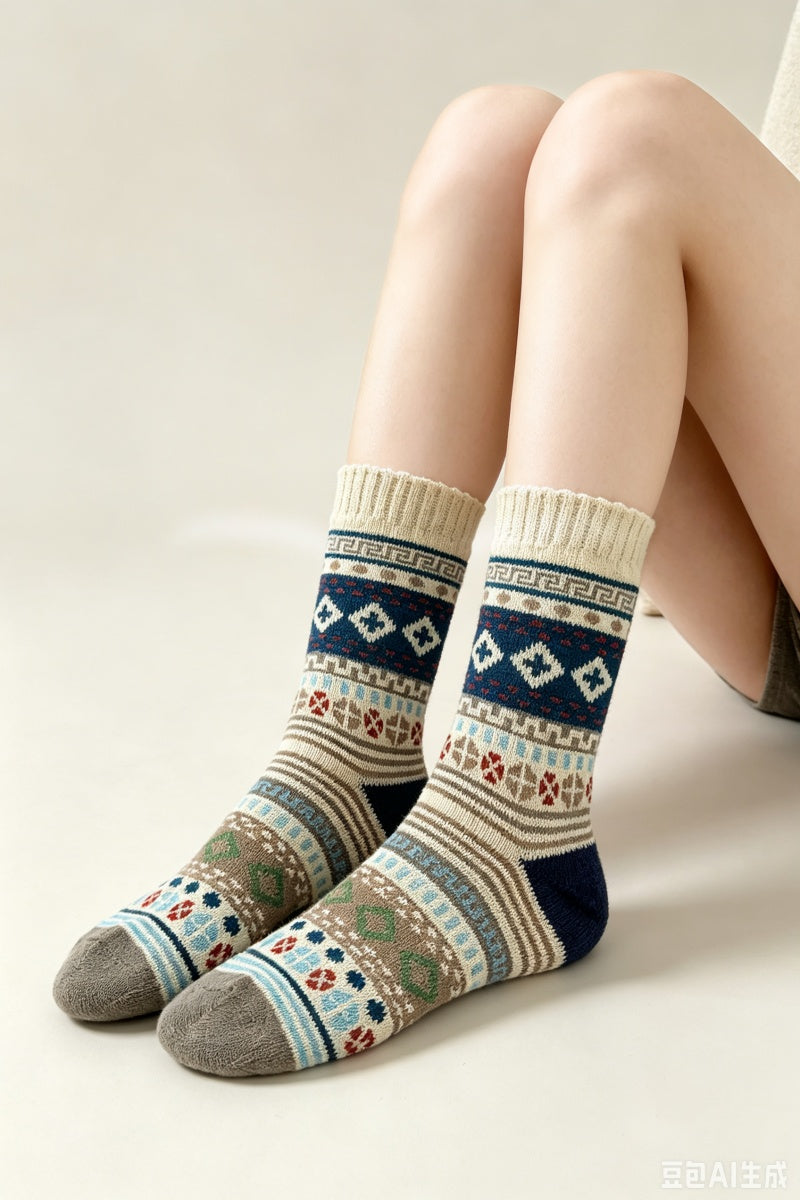Retro Fair Isle Geometric Knit Crew Winter Socks For Women - NeoKira Unlimited