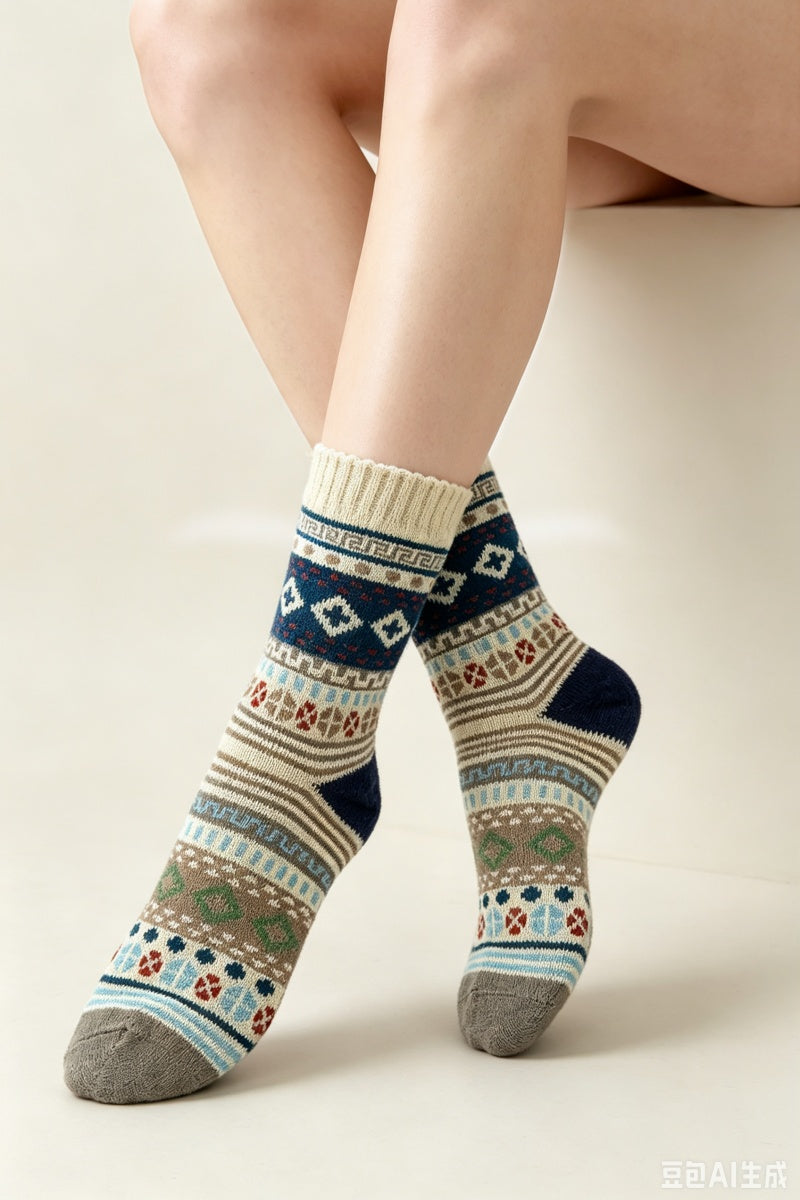 Retro Fair Isle Geometric Knit Crew Winter Socks For Women - NeoKira Unlimited