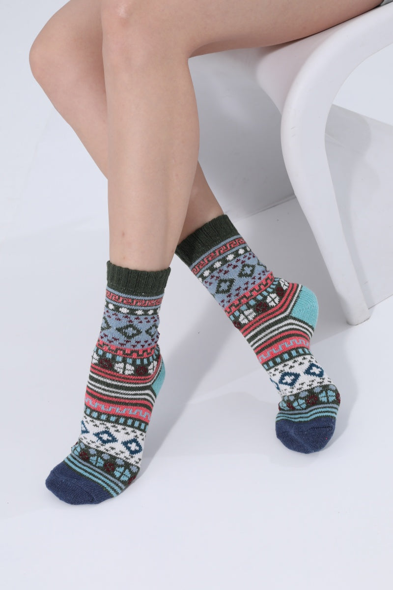 Retro Fair Isle Geometric Knit Crew Winter Socks For Women - NeoKira Unlimited