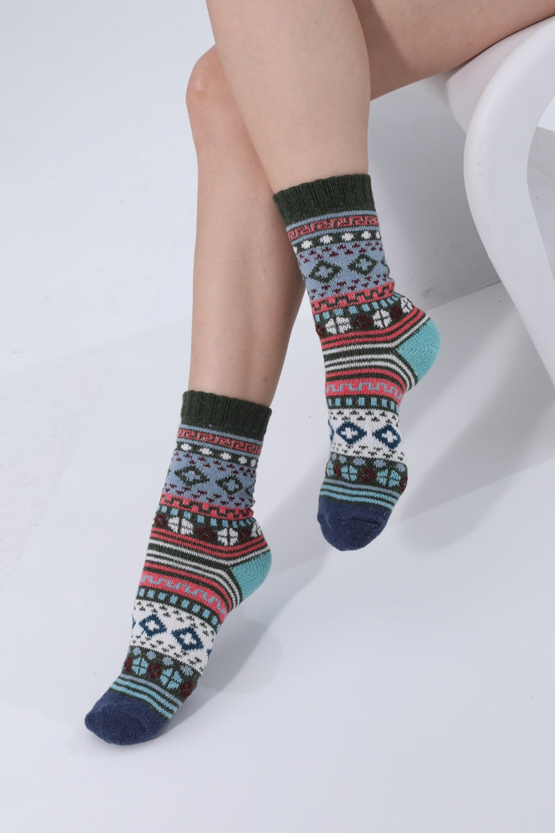 Retro Fair Isle Geometric Knit Crew Winter Socks For Women - NeoKira Unlimited
