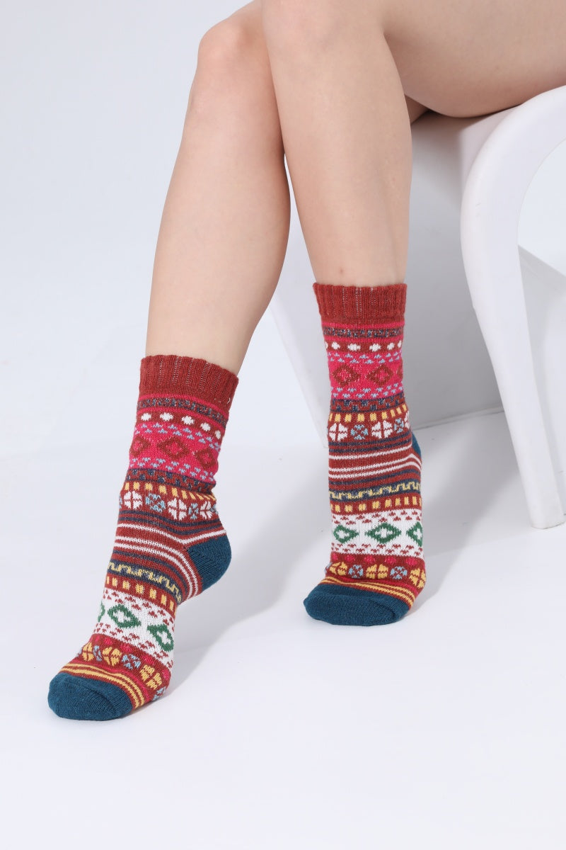 Retro Fair Isle Geometric Knit Crew Winter Socks For Women - NeoKira Unlimited