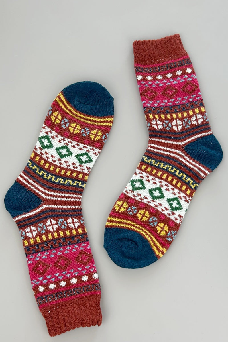 Retro Fair Isle Geometric Knit Crew Winter Socks For Women - NeoKira Unlimited
