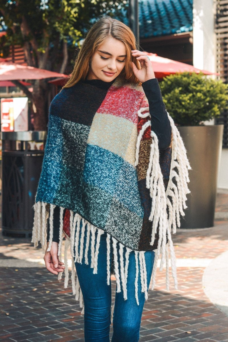 A Flurry of Fun Color Block Tassel Poncho Ponchos Leto Collection   