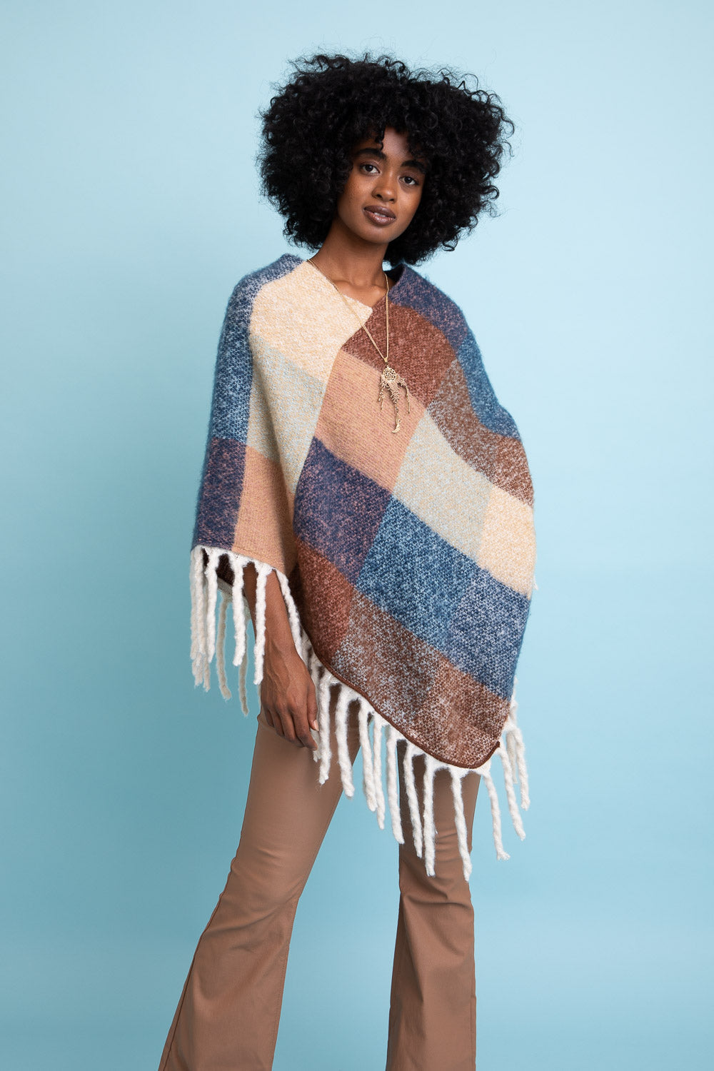 A Flurry of Fun Color Block Tassel Poncho Ponchos Leto Collection Peach/Blue  