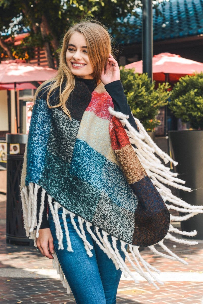 A Flurry of Fun Color Block Tassel Poncho Ponchos Leto Collection Red/Blue  