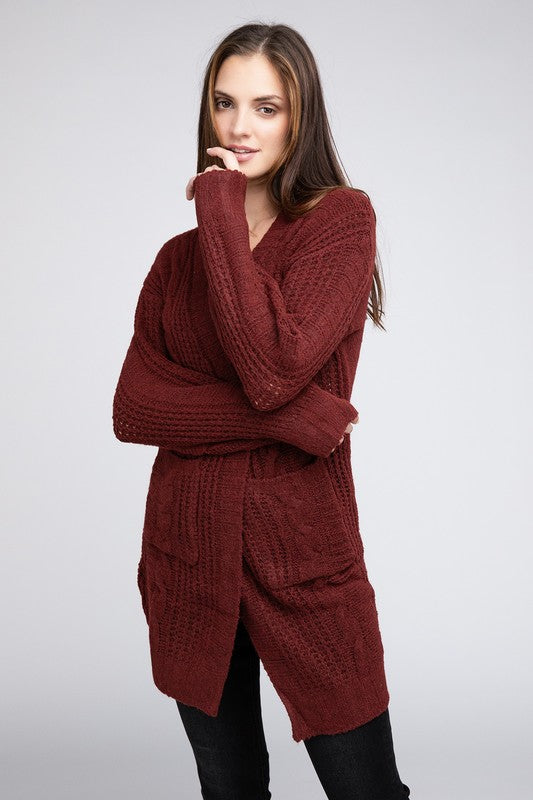 BiBi Twist Knitted Open Front Cardigan With Pockets - NeoKira Unlimited