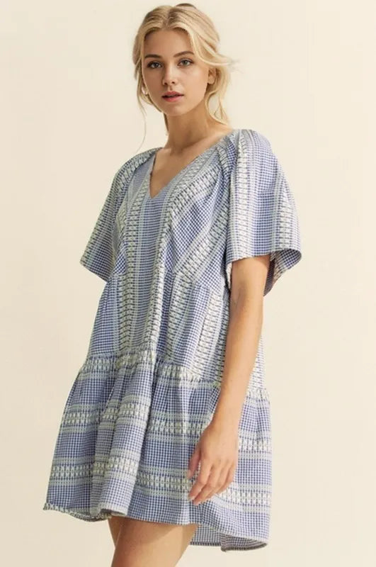 Davi & Dani Embroidered Stripe Ruffled Gingham Mini Dress - NeoKira Unlimited