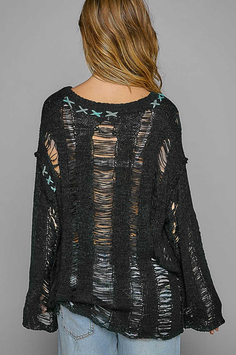 POL Distressed Dropped Shoulder Long Sleeve Knit Top Top Trendsi   