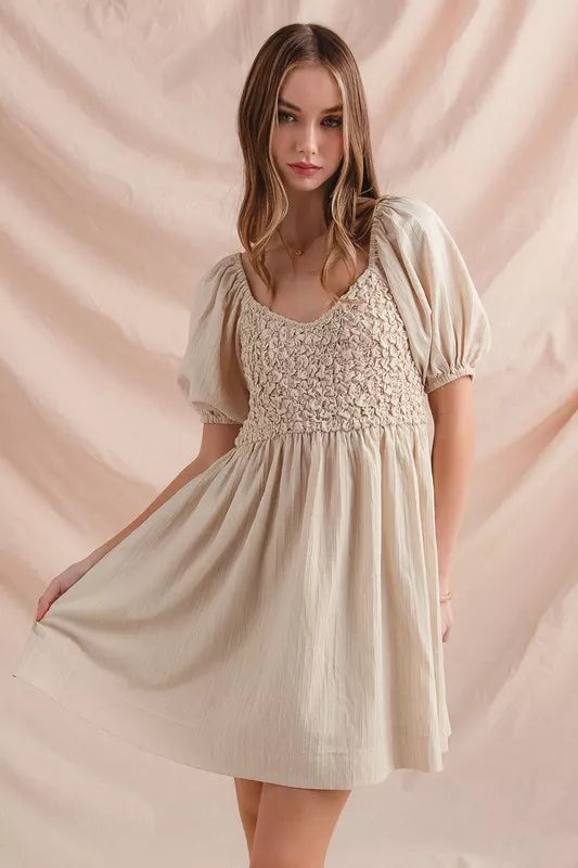 SO ME Textured Woven Daily Dress with Puff Sleeves - NeoKira Unlimited