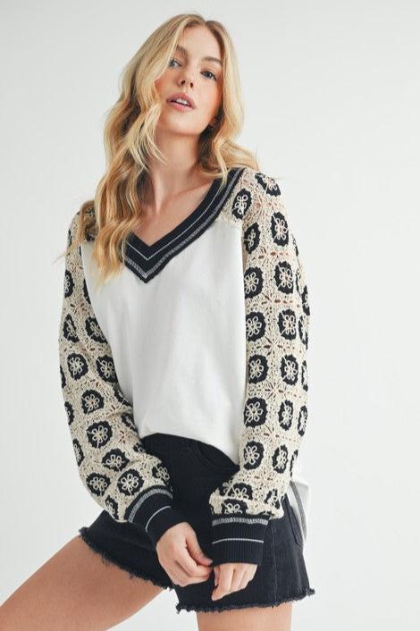 Aemi+Co Crochet Contrast Stitching V Neck Top - NeoKira Unlimited