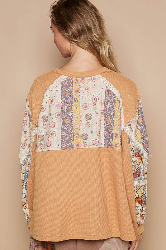 POL Waffle-Knit Lace Detail Round Neck Top - NeoKira Unlimited