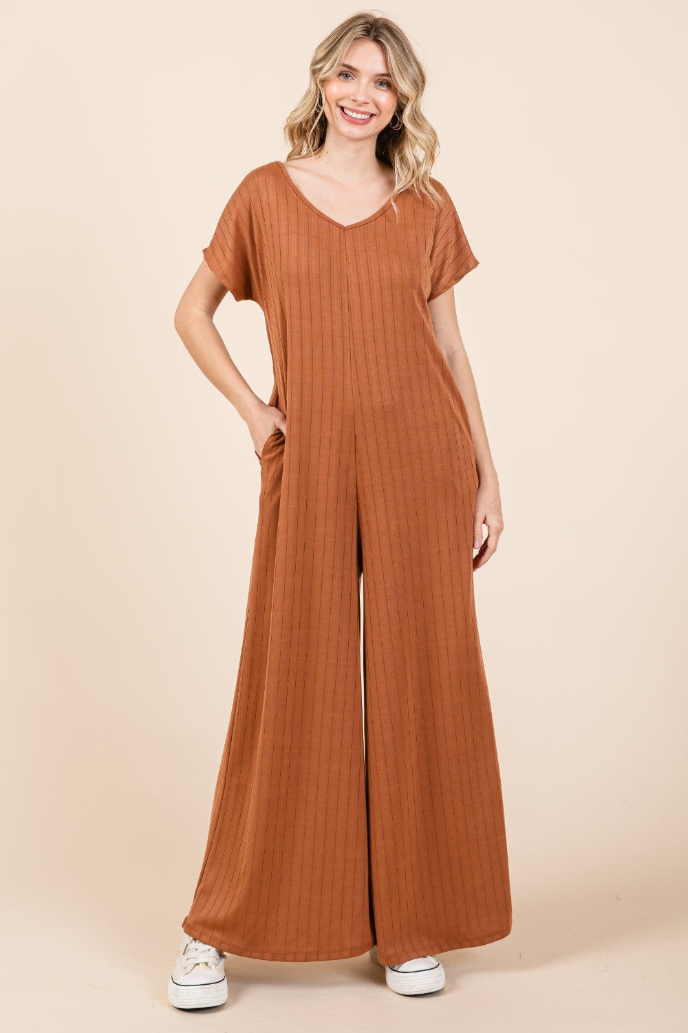 BOMBOM Ribbed Short Sleeve Wide Leg Jumpsuit - NeoKira Unlimited