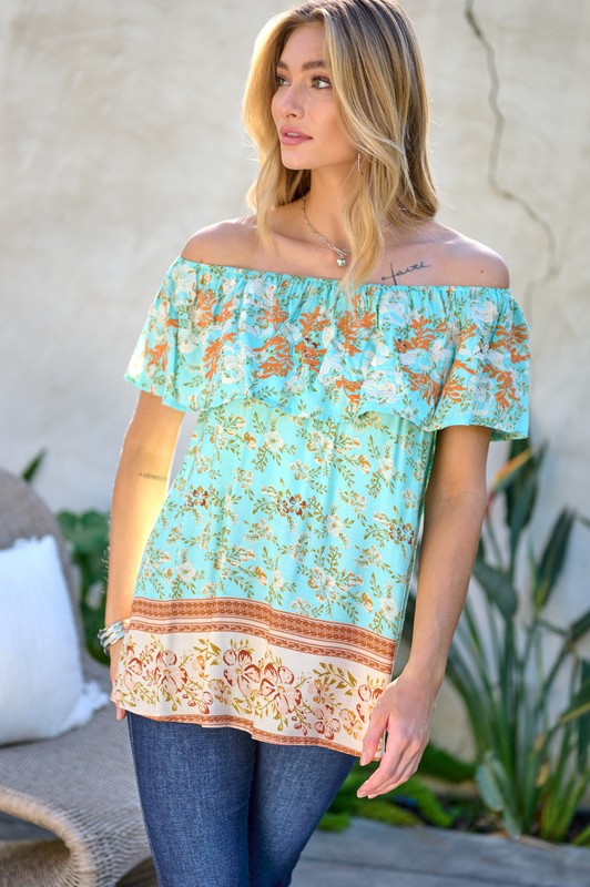 Printed Off Shoulder Smocked Top  Davi & Dani   