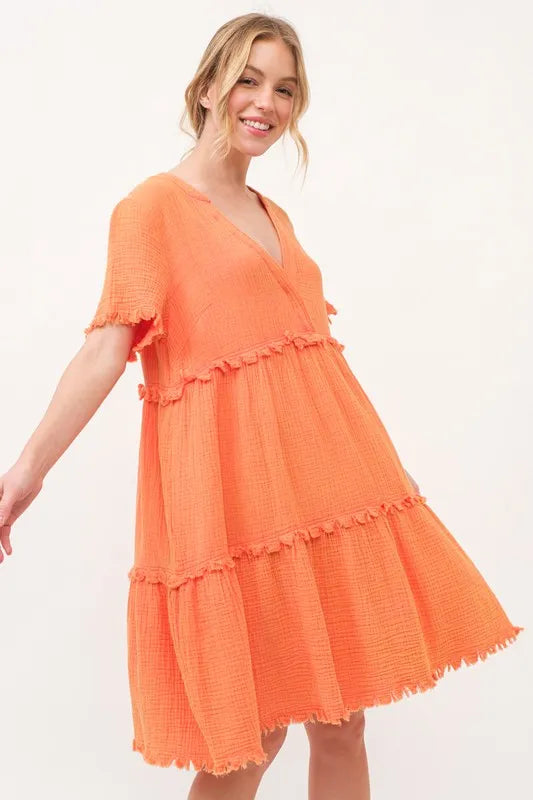 And The Why Washed Frayed Detail Tiered Dress - NeoKira Unlimited