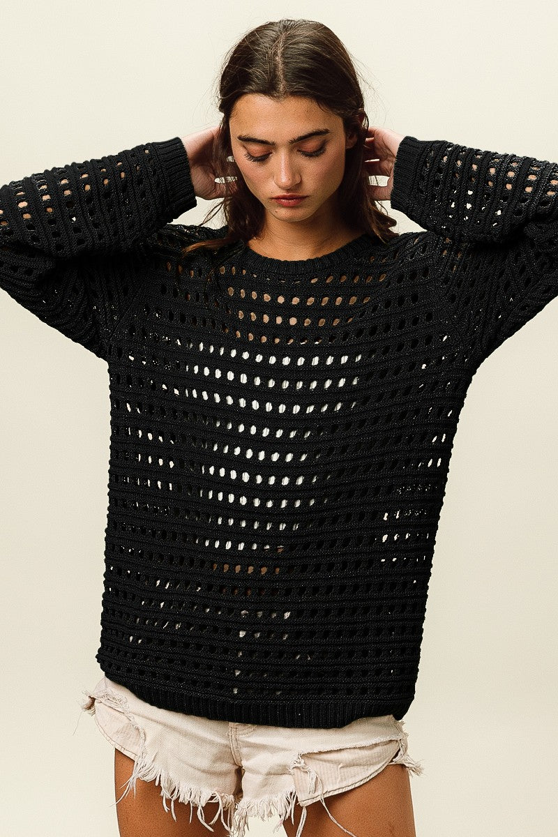 BiBi Round Neck Openwork Knit Cover Up Cover Up Trendsi Black S 