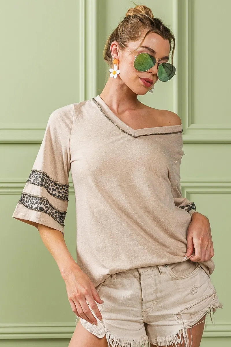 BiBi Triblend Knit Top with Leopard Band Detail - NeoKira Unlimited